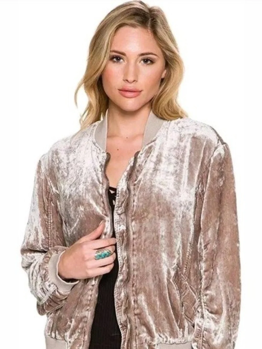 Free People Shimmer Velvet Bomber Jacket in Taupe